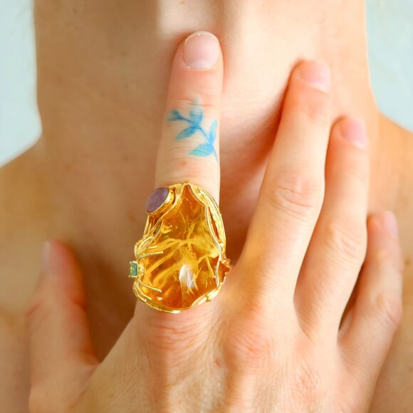 Baltic Amber 14k Gold Plated Spider Cocktail Ring - Picture 8 of 9